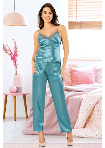 Saten Dantel Detaylı Sabahlık'lı 3 Lü Pijama Takım 4909 Mavi modelleri