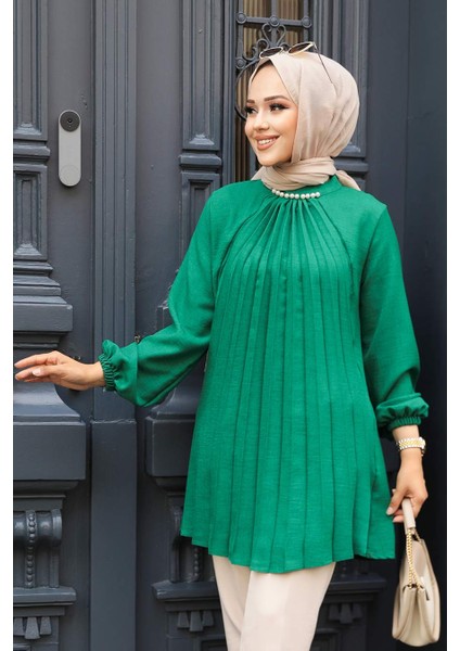 Neva Style Pileli Yeşil Tesettür Tunik 41391Y