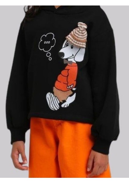 Kız Çocuk Içi Şardonlu Köpek Baskılı Kapüşonlu Sweatshirt