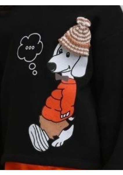 Kız Çocuk Içi Şardonlu Köpek Baskılı Kapüşonlu Sweatshirt