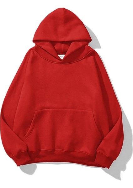 Kadın Kırmızı Baskısız Kanguru Cepli Kapüşonlu 3 Iplik Şardonlu Sweatshirt