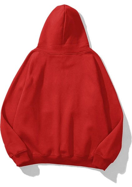 Kadın Kırmızı Baskısız Kanguru Cepli Kapüşonlu 3 Iplik Şardonlu Sweatshirt fiyatları