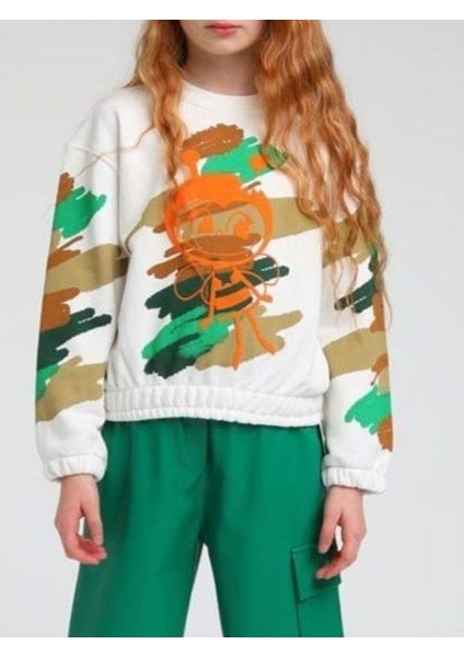 Kız Çocuk Arı Maya Baskılı Kamuflaj Sweatshirt