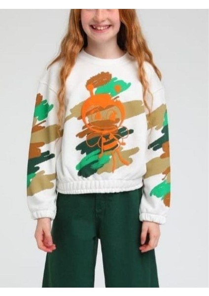 Kız Çocuk Arı Maya Baskılı Kamuflaj Sweatshirt