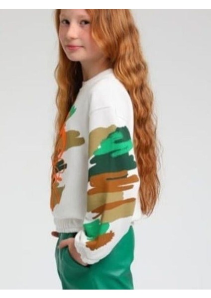 Kız Çocuk Arı Maya Baskılı Kamuflaj Sweatshirt