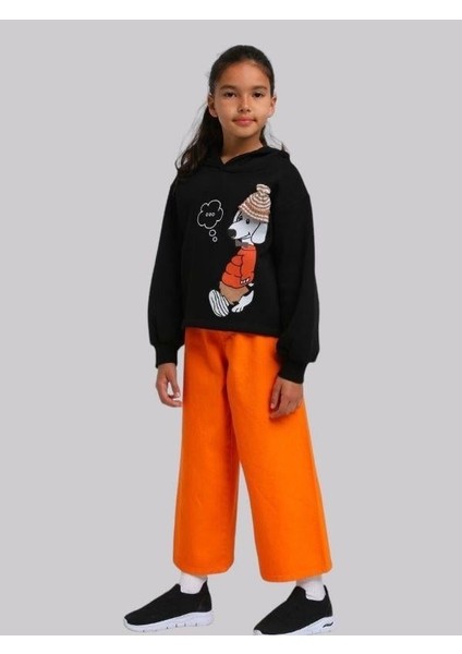 Kız Çocuk Içi Şardonlu Köpek Baskılı Kapüşonlu Sweatshirt