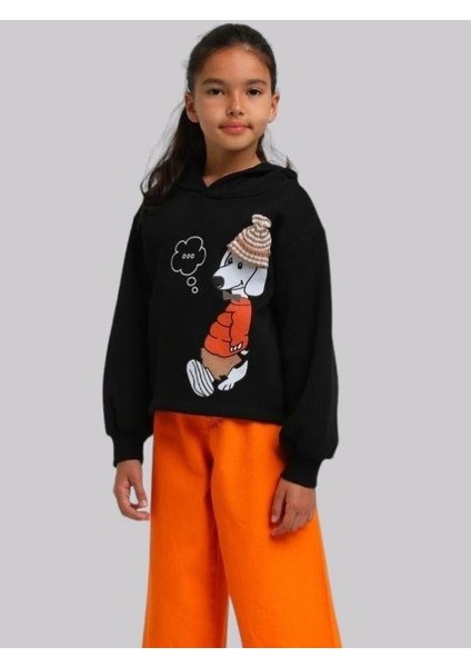 Kız Çocuk Içi Şardonlu Köpek Baskılı Kapüşonlu Sweatshirt modelleri