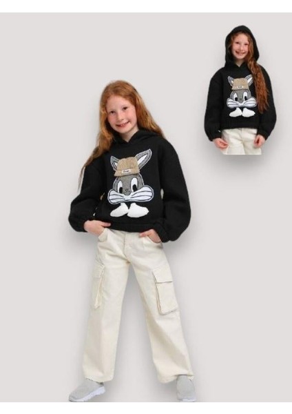 Kız Çocuk Kışlık Tavşan Kabartmalı Kapüşonlu Bel Lastikli Sweatshirt