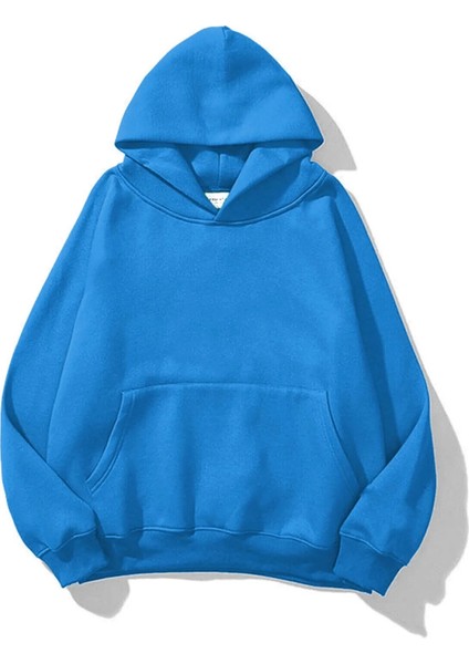 Kadın Turkuaz Baskısız Kanguru Cepli Kapüşonlu 3 Iplik Şardonlu Sweatshirt