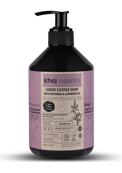 No.5 Organik Vegan Paçuli ve Lavanta Yağlı Organik Sıvı Kastil Sabun Kuru Cilt Sabunu 500 ml fiyatları