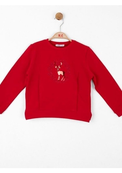 Kız Çocuk Parlak Geyik Baskılı Sweatshirt