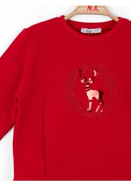 Kız Çocuk Parlak Geyik Baskılı Sweatshirt