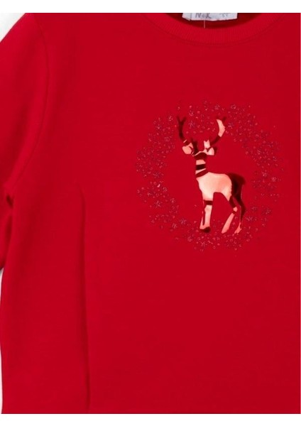 Kız Çocuk Parlak Geyik Baskılı Sweatshirt