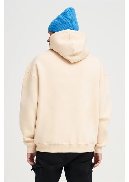 Kadın Bej Baskısız Kanguru Cepli Kapüşonlu 3 Iplik Şardonlu Sweatshirt