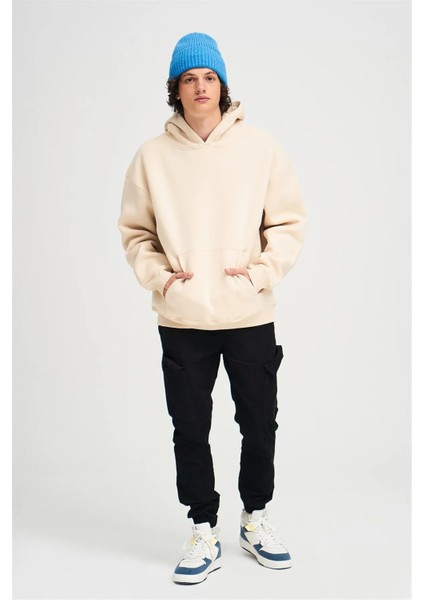 Kadın Bej Baskısız Kanguru Cepli Kapüşonlu 3 Iplik Şardonlu Sweatshirt