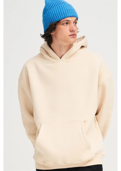 Kadın Bej Baskısız Kanguru Cepli Kapüşonlu 3 Iplik Şardonlu Sweatshirt fırsatları