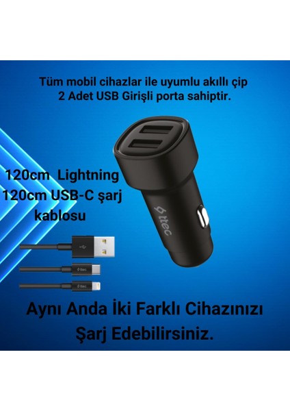 2x USB Girişli 120CM Type C ve Lightning Şarj Kablolu Araç Şarj Cihazı, 12/24V Çakmaklık Girişli Akım Korumalı