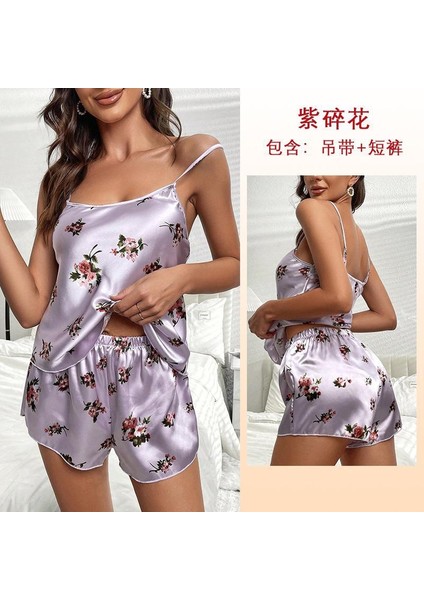 2 Parça Mor Kadın Saten Pijama Takımı Kostüm Giyim Gecelik