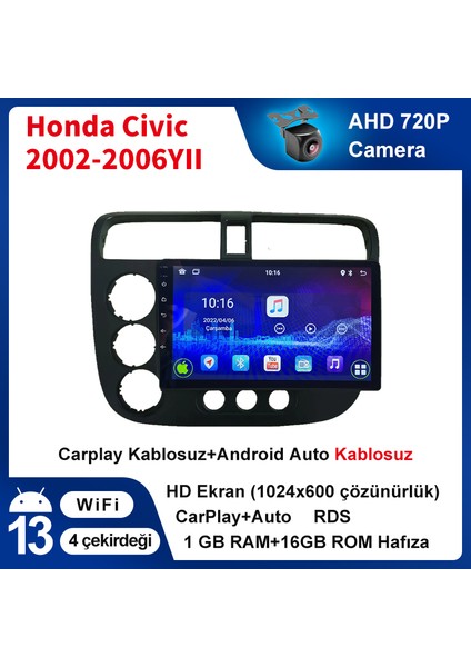 Honda Civic 2002-2006YIL 9'inç Araba Android Multimedya Carplay Navigasyon Cihazı