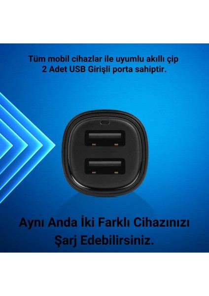 Süper Hızlı 3.1AMPER 2x USB Girişli Araç Şarj Cihazı, 12/24V Çakmaklık Girişli Akım Korumalı