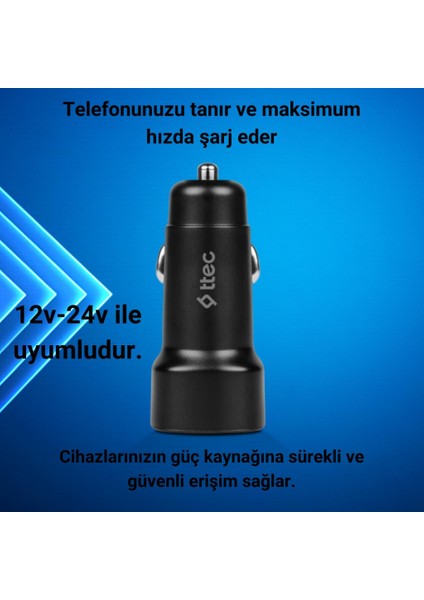 Süper Hızlı 3.1AMPER 2x USB Girişli Araç Şarj Cihazı, 12/24V Çakmaklık Girişli Akım Korumalı