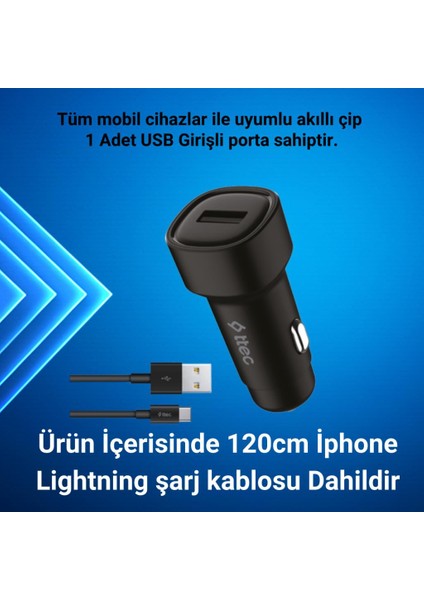 1x USB Girişli 120CM Iphone Lightning Şarj Kablolu Araç Şarj Cihazı, 12/24V Çakmaklık Girişli Akım Korumalı