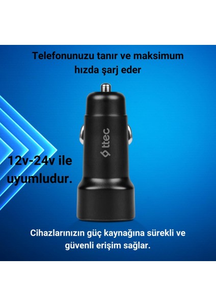 1x USB Girişli 120CM Iphone Lightning Şarj Kablolu Araç Şarj Cihazı, 12/24V Çakmaklık Girişli Akım Korumalı