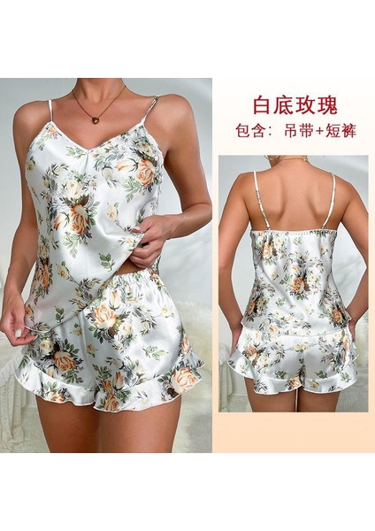 2 Parça Beyaz Kadın Saten Pijama Takımı Kostüm Giyim Gecelik