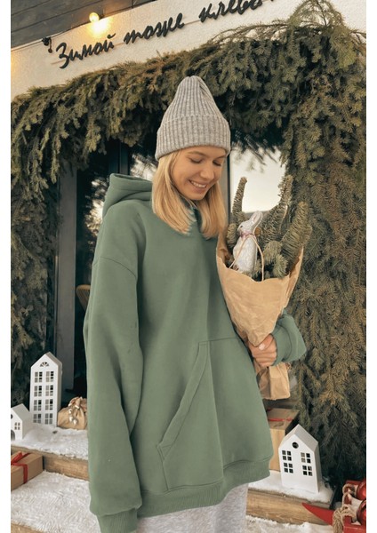 Kadın Haki Yeşil Kanguru Cepli Kapüşonlu 3 Iplik Şardonlu Oversize Sweatshirt