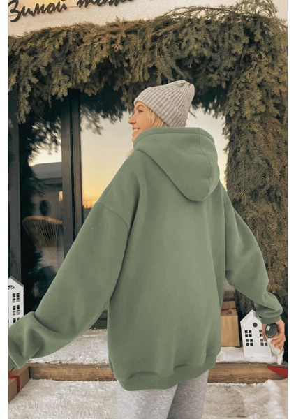 Kadın Haki Yeşil Kanguru Cepli Kapüşonlu 3 Iplik Şardonlu Oversize Sweatshirt fiyatları