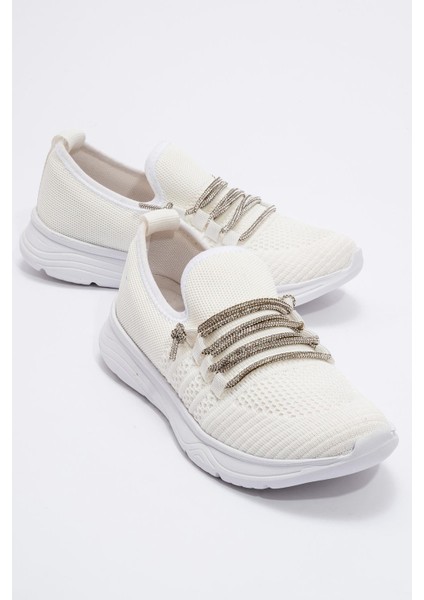 Kadın Taşlı Triko Ayakkabı Beyaz Beyaz