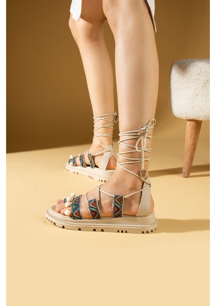 Hasır Etnik Desen Parmak Arası Bilekten Bağlamalı Kadın Sandalet 54-0143-24 fiyatları