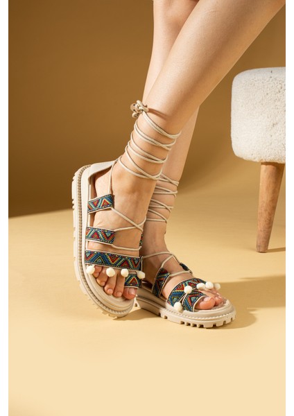 Hasır Etnik Desen Parmak Arası Bilekten Bağlamalı Kadın Sandalet 54-0143-24 modelleri