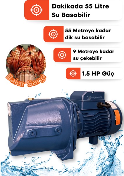 XJWM/15M Bakır Sargılı Otomatik Su Pompası 1.5 Hp 1 Inç Su Pompası Motoru 9 mt Emiş 55 mt Basma