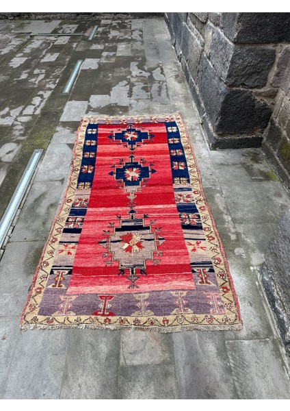 131X276 cm Eski El Yapımı Türk Kilimi, 1980’LERDEN Nostalji Kilim, Mavi ve Kırmızı Renkler