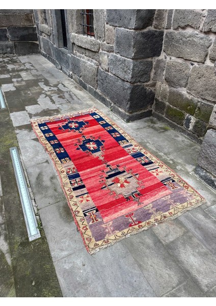 131X276 cm Eski El Yapımı Türk Kilimi, 1980’LERDEN Nostalji Kilim, Mavi ve Kırmızı Renkler