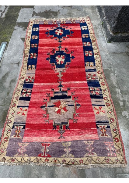 131X276 cm Eski El Yapımı Türk Kilimi, 1980’LERDEN Nostalji Kilim, Mavi ve Kırmızı Renkler