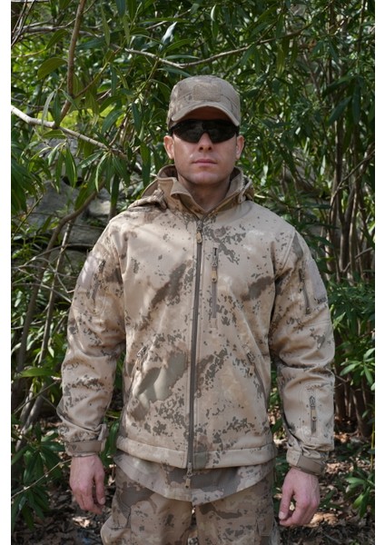 6 Cepli Jandarma Kamuflaj Softshell Mont, Kapüşonlu Taktik Mont, Koruma Kıyafeti