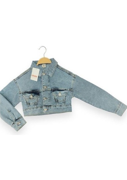 Kız Çocuk Yumuşak Dokulu Lycralı Crop Kot Ceket