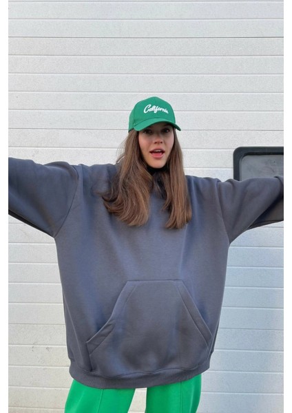 Kadın Füme Kanguru Cepli Kapüşonlu 3 Iplik Şardonlu Oversize Sweatshirt fiyatları