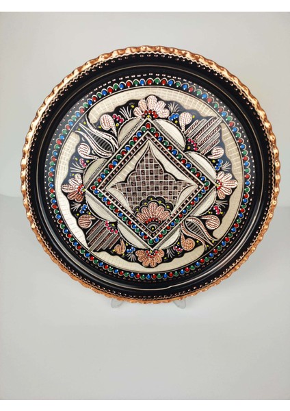 Orjinal Erzincan El Yapımı Dekoratif Yuvarlak Bakır Tepsi Büyük Boy - 35 cm