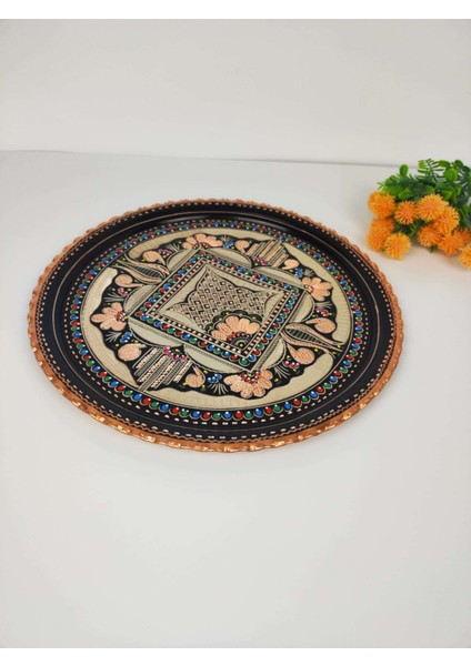 Orjinal Erzincan El Yapımı Dekoratif Yuvarlak Bakır Tepsi Büyük Boy - 35 cm fiyatları