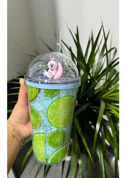 Meyve Desenli Summer Simli-Pullu Pipetli Bardak-Soğuk Içecek Suluk,lime-Strawberry Kokteyl