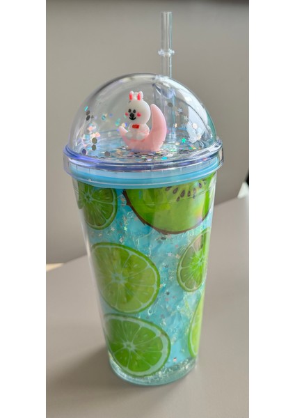 Meyve Desenli Summer Simli-Pullu Pipetli Bardak-Soğuk Içecek Suluk,lime-Strawberry Kokteyl