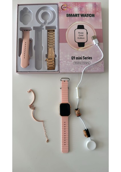 G9 Mini Kadın Akıllı Saat Rose Gold Akıllı Saat 41MM 3 Kordon+Charm Bileklik+Kablo Süsü Hediyeli