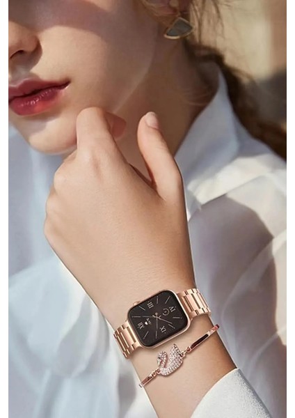 G9 Mini Kadın Akıllı Saat Rose Gold Akıllı Saat 41MM 3 Kordon+Charm Bileklik+Kablo Süsü Hediyeli