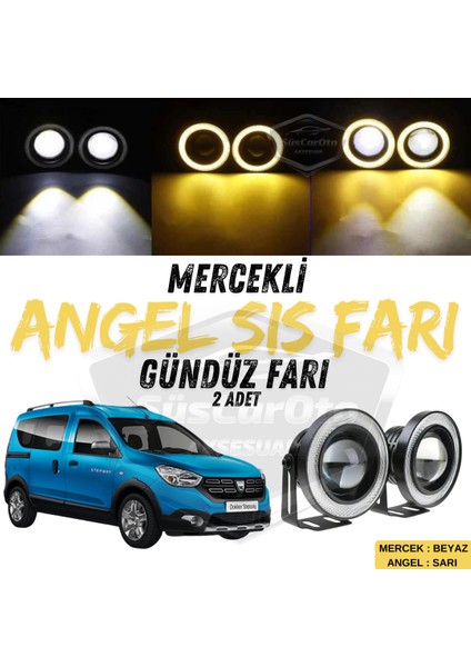 Dacia Dokker 2012-2022 Uyumlu Üniversal Mercekli Angel Sis Farı Metal Su Geçirmez 76 mm Sarı Halkalı Gündüz Farı Angel Eyes 2 Adet