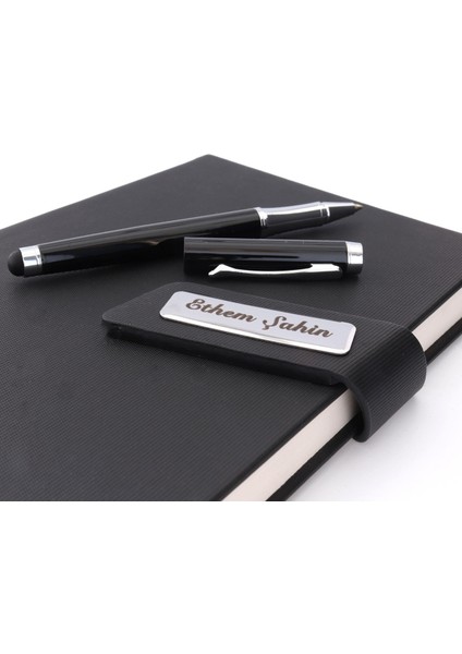 Isme Özel Mıknatıslı Defter Padli Roller Kalem Seti Siyah