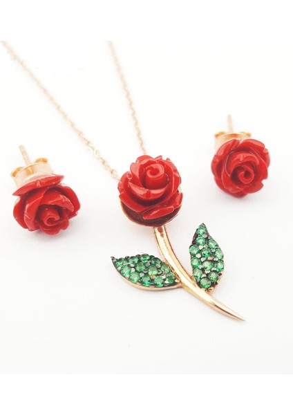 925 Ayar Gümüş Yeşil Yapraklı Sedef Gül Kolye Küpe Seti Rose