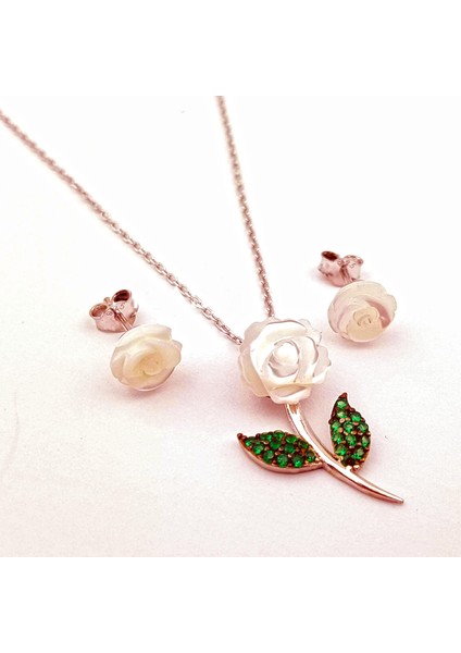 925 Ayar Gümüş Yeşil Yapraklı Sedef Gül Kolye Küpe Seti Rose